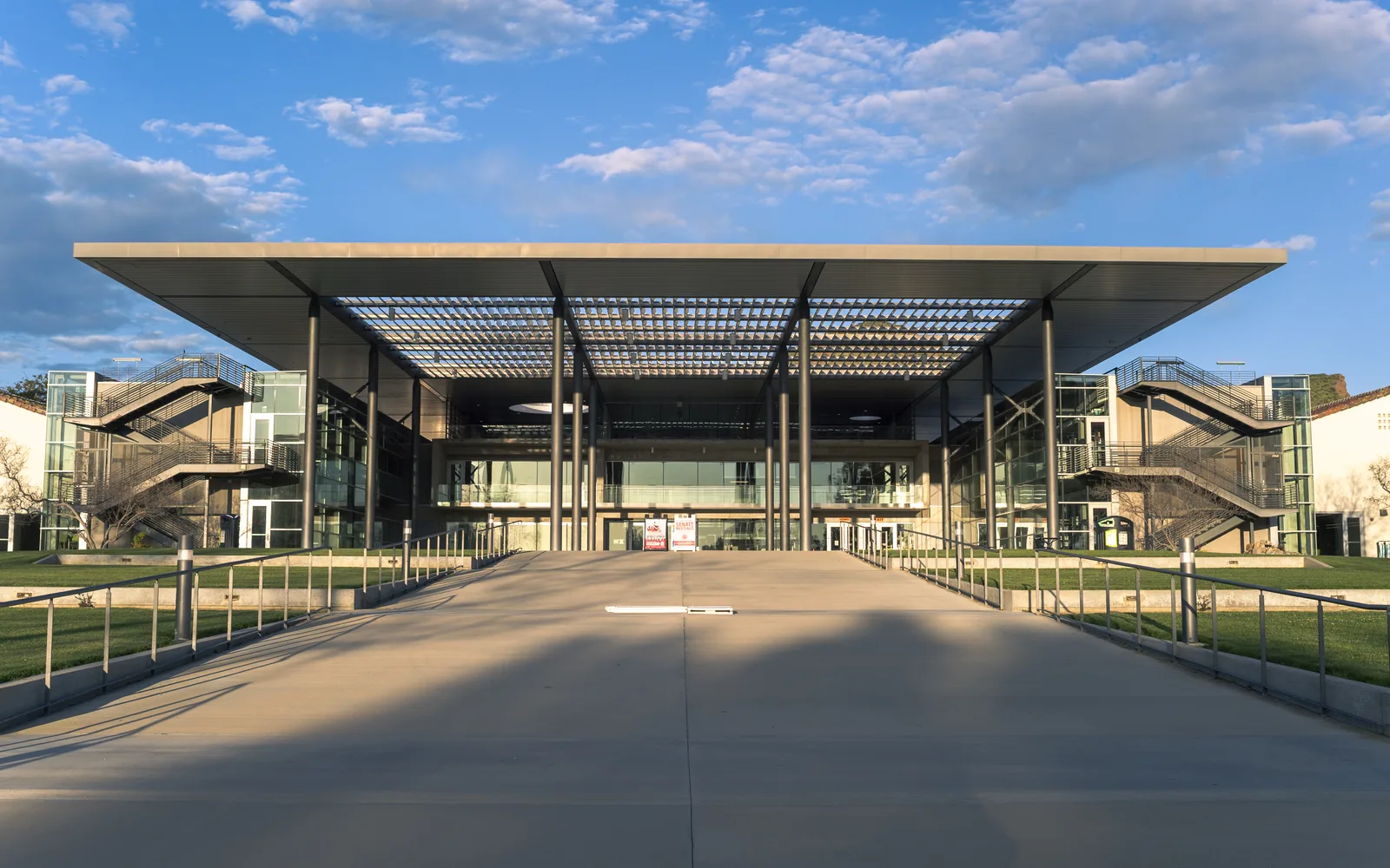 The modern John Spoor Broome Library building of California State University Channel Islands against an evening sky