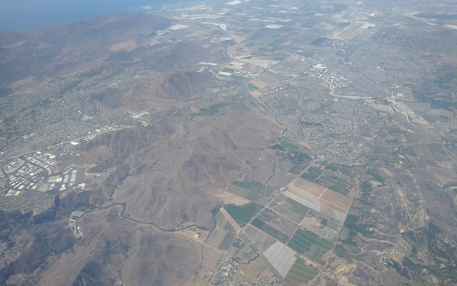 Aerial view of Camarillo, California looking west over residential neighborhoods and commercial areas